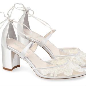 White lace wedding block heels